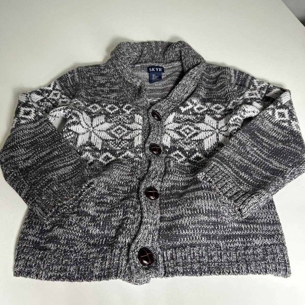 Skyr Boys Kids 6 Grey Cardigan Button Down Snowflake Winter Knit Cotton